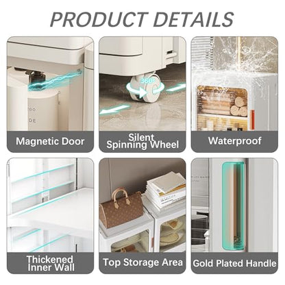 Tall Narrow Storage Cabinet with Movable Wheels, Adjustable Shelves & Magnetic Doors – Foldable Slim Plastic Organizer for Bathroom, Kitchen, Laundry, Ideal for Small Spaces(4-Tier,White)