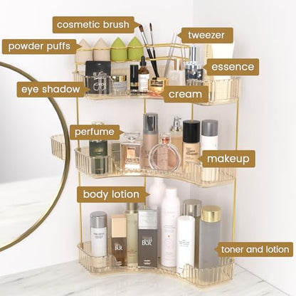 Makeup Organizer 3-Tier Bathroom Counter Organizer with Makeup Brush Holder | Corner Bathroom Organizer Countertop, Acrylic Counter Storage for Bathroom Dresser, Skincare Perfume Organizer- Amber Gold