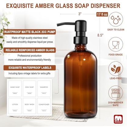 GMISUN Amber Glass Soap Dispenser, 2 Pack Bathroom Hand Soap Dispensers with Stainless Steel Pump, 17 Fl Oz Kitchen Hand and Dish Soap Dispenser Set, Modern Vintage Liquid Brown Soap Dispensers Bottle
