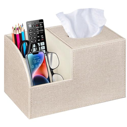 PU Leather Square Tissue Box Cover - Multi-Functional Tissue Box Holder | Tissue Box Cover with Storage,Tissue and Remote Control Holder/Caddy,Cube Tissue Box Organizer Bedroom Nightstand End Table