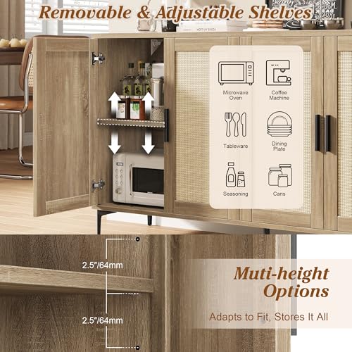 JASIWAY Buffet Cabinet with Storage, 48" Rattan Coffee Bar Cabinet Station | Accent Sideboard with Adjustable Shelves, Credenza for Dining Room, Kitchen, Living Room, Entryway, Anti-Tip, Wood