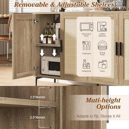JASIWAY Buffet Cabinet with Storage, 48" Rattan Coffee Bar Cabinet Station | Accent Sideboard with Adjustable Shelves, Credenza for Dining Room, Kitchen, Living Room, Entryway, Anti-Tip, Wood