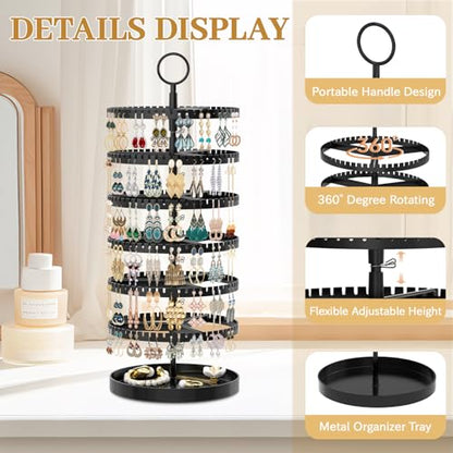 MODOWEY Rotating Earring Holder Organizer Tree Display Stand, 6 Tiers Black | 342 Slots Adjustable Plastic Hanger with Metal Tray for Stud Pierced Hoop, Large Capacity Storage Rack for Women Space-Saving