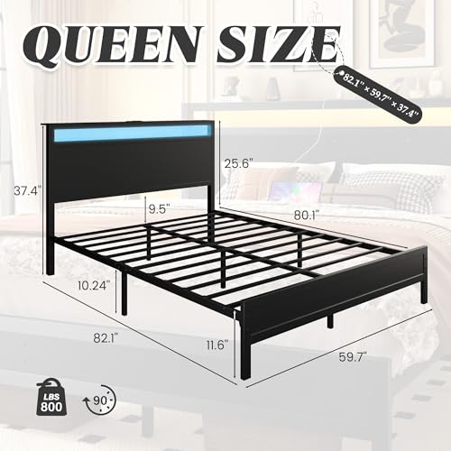 Queen Bed Frame with Headboard & Footboard, Bed Frame with Built-in Charging Station & LED Light, Storage Shelf, Noise-Free, No Box Spring Needed, Easy Assembly, Classic Black