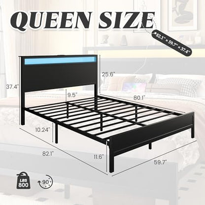 Queen Bed Frame with Headboard & Footboard, Bed Frame with Built-in Charging Station & LED Light, Storage Shelf, Noise-Free, No Box Spring Needed, Easy Assembly, Classic Black