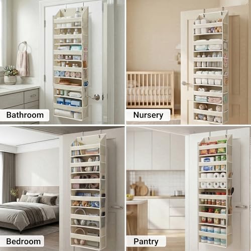 UPGRADED 6 Tiers Over The Door Organizer Hanging - 100D EXTRA THICK & 50lbs HUGE CAPACITY, 12 Side Mesh Pockets Over The Door Shoe Organizer, Hanging Closet Organizer (Ivory, 1pc)
