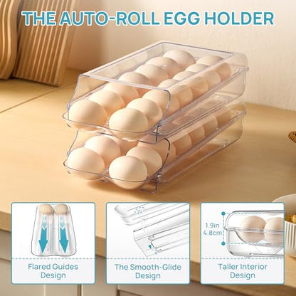 2 Pack Egg Holder for Fridge, Automatic Rolling Eg... (Transparent)