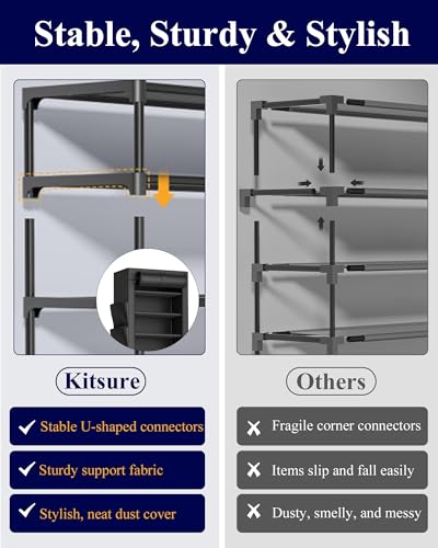 Kitsure 10-Tier Shoe Rack with Cover, Vertical Shelf, 17.5" Wide, Black | Space Saving Shoe Storage with Side Pocket, Shoe Organizer for Closet, Entryway, Bedroom, Zapateras Organizer