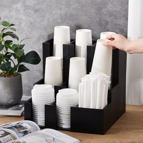 CroBlissful Wooden Vertical Coffee cup and lid dispenser, coffee condiment organizer, 9 Compartment for Disposable Paper & Plastic Cup, for cabinet Station Home Countertop Bar 13''l x 13''w x 12''h