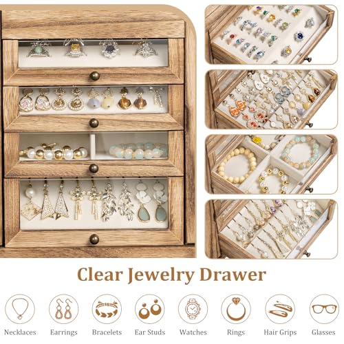 Large Jewelry Box & Organizer for Women, Wooden Jewelry Storage with 4 Transparent Drawers, Holds Necklaces, Rings, Bracelets, Earrings and Watches(Brown)