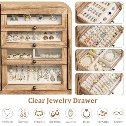 Large Jewelry Box & Organizer for Women, Wooden Jewelry Storage with 4 Transparent Drawers, Holds Necklaces, Rings, Bracelets, Earrings and Watches(Brown)