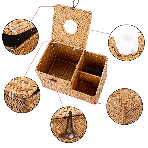 Sumnacon Square Woven Tissue Box Cover - Decorative Cube Tissue Box Holder with Side Organizer, Rustic Seagrass Tissue Box for Living Room Vanity Night Stand Table Countertop Office,Caramel