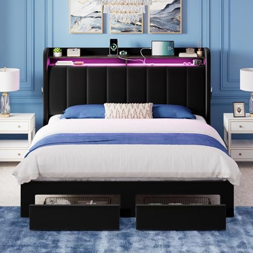 Allewie Queen Bed Frame with 2-Tier Storage Headboard & 2 Large Drawers