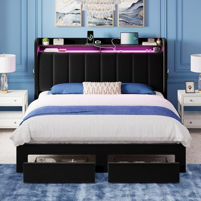 Allewie Queen Bed Frame with 2-Tier Storage Headboard & 2 Large Drawers