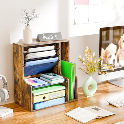 Simple Trending 7- Tier Desk File Organizer, Paper Organizer, Rustic Brown | Adjustable Letter Trays, Wooden Desk Accessories with Side File Holder, for Office Home Classroom, 16"L x 9"W x 17"H