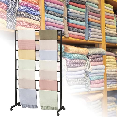 Freestanding Scarf Display Stand, Double-Sided Floor Towel Hijab Rack | Black Metal Belt Shawl Scarf Organizer for Boutique Display Commercial Retail Store Home, 360° Rotatable Easy Assembly