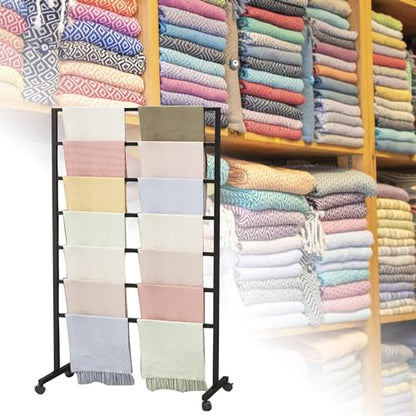 Freestanding Scarf Display Stand, Double-Sided Floor Towel Hijab Rack | Black Metal Belt Shawl Scarf Organizer for Boutique Display Commercial Retail Store Home, 360° Rotatable Easy Assembly