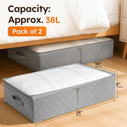 LotFancy Under Bed Storage Bags with Clear Window & Handles, 24” x 16” x 6" | Foldable Closet Organizers, Clothes Blankets Container, Space-saving Storage Bins, with Cardboard Support, Pack of 2, Gray