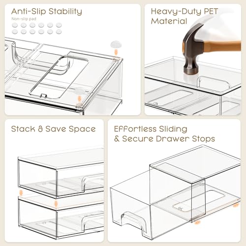 Stackable Storage Drawers, 3 Pack Clear Acrylic Makeup & Bathroom Organizer, Versatile Storage Bins for Vanity, Under Sink, Kitchen Cabinets & Pantry
