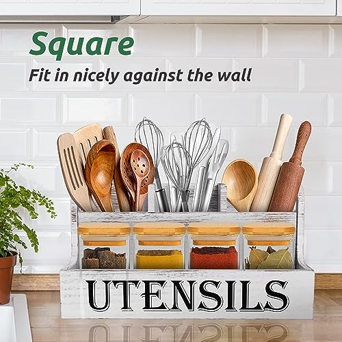Extra Large Kitchen Utensils Holder, 2 Tier, 4 Compartments | Wooden Utensil Organizer for Kitchen Countertop, Spacesaving, Farmhouse Decor, Large Capacity, White Grain