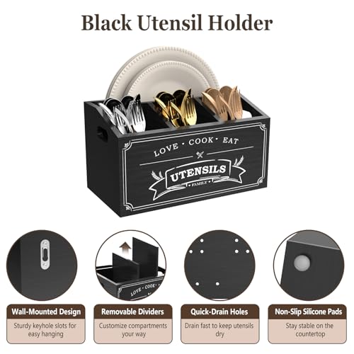 Black Kitchen Utensil Holder With 5 Compartments F... (Black | Pine Wood)