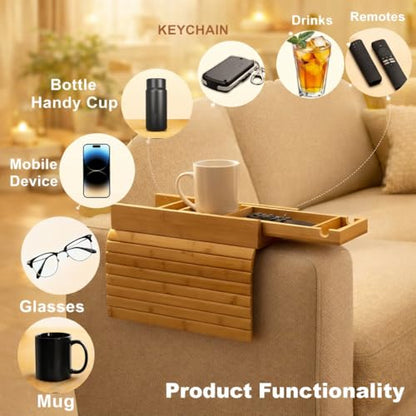 Bamboo Sofa Armrest Tray with Detachable Cup Holder, Foldable Couch Arm Table, Non-Slip Organizer for Drinks, Remote, Phone & Snacks, Space Saving Armrest Caddy for Sofa