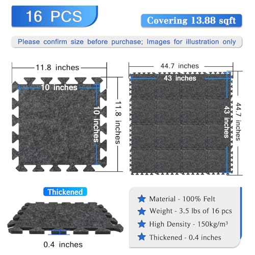 BXI Soundproof Interlocking Rug Pad 16 Pcs, 11x 11 x 0.4 inches Non Slip Rug Pads, High Density Noise Reduction Puzzle Felt Carpet Padding, Rug Mat Protects and Adds Cushion for Hardwood Floor
