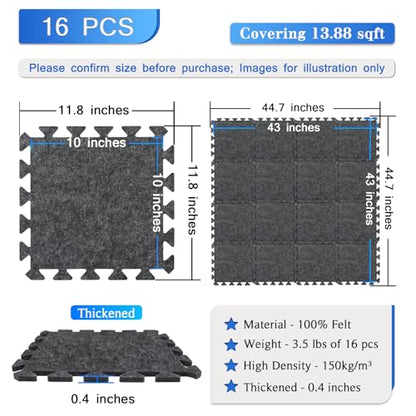 BXI Soundproof Interlocking Rug Pad 16 Pcs, 11x 11 x 0.4 inches Non Slip Rug Pads, High Density Noise Reduction Puzzle Felt Carpet Padding, Rug Mat Protects and Adds Cushion for Hardwood Floor