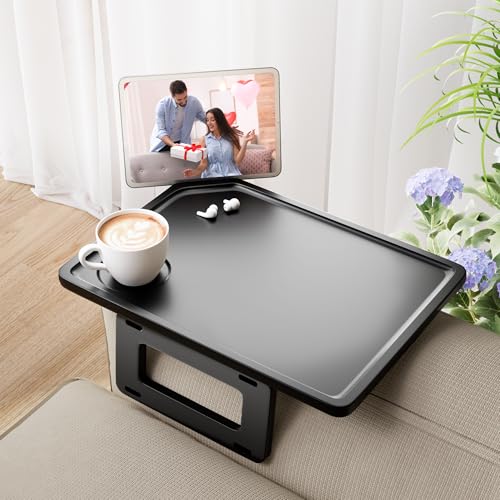 Smatdecis Couch Arm Tray Table Sofa Arm Clip Table, Armrest Tray Table Suitable for Home Drinks/Fast Food/Fruit Etc, Large Size Multi-Function Black