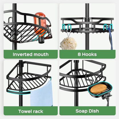 HAMITOR Shower Caddy Tension Pole: Rustproof Quick Install Corner Bathroom Organizer Shelf on Floor for Renters - 4-Tier Large Capacity Storage Rack with Soap Holder for Apartment -47-121 Inch/Black