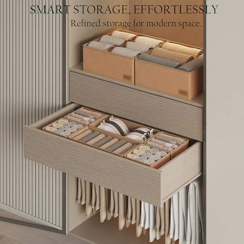 Dresser Drawer Organizer Clothes, 6 Pack Foldable Storage Boxes with Zipper, 600D Fabric, Cream, Drawer Dividers for Underwear, Socks, Baby Clothes