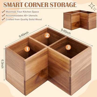Extra Large Corner Utensil Holder with 3 Compartme... (Natural | Acacia Wood)