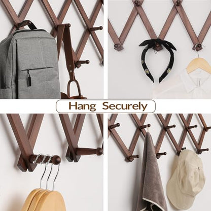 Hat Rack for Wall, Expandable Wall Hat Holder with 16 Hooks, 16 inch Wooden Wall Hook for Baseball Caps,Cowboy, Bag,Hoodie(Brown)