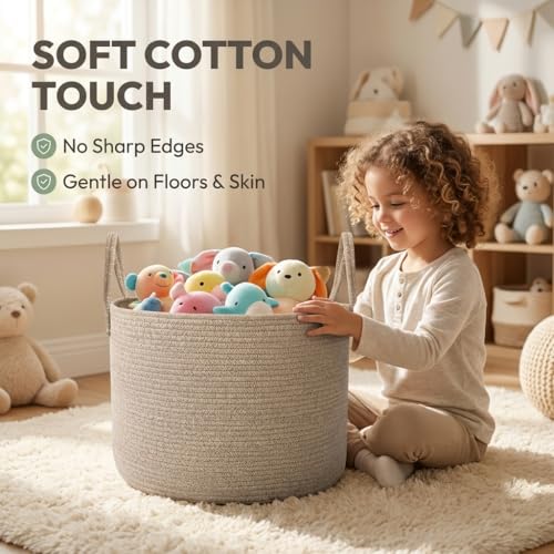 65L Extra Large Machine Washable Cotton Rope Blanket Basket | Collapsible Laundry Hamper, Reinforced Handles, For Blankets, Pillows, Toys and Clothes, Living Room and Bedroom, Oatmeal