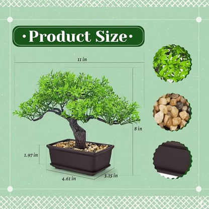 Der Rose Small Fake Bonsai Tree Ficus Decor Fake Plant for Shelf Desk Decor | 8" artificial bonsai tree with textured trunk, broad canopy and pebble base for bathroom desk shelf, Japanese and Zen decor