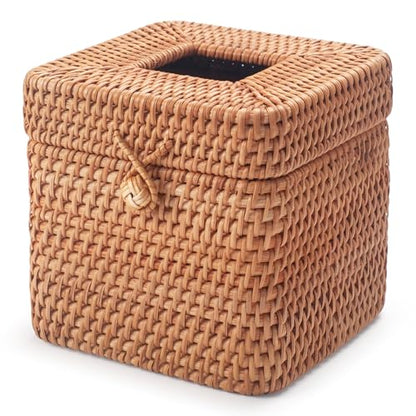 Rattan Tissue Box Cover Natural Woven Facial Napkin Holder Square with Lid 5.7 x 5.7 x 5.5 Inch (Natural)