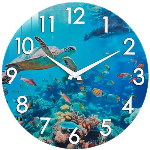 Crosstime 12 Inch Outdoor Clock – Waterproof Tempered Glass with Sea Turtle & Marine Life Theme, UV Resistant, Silent Nautical Coastal Decor Wall Clock for Patio, Pool, Garden, Backyard, Bathroom