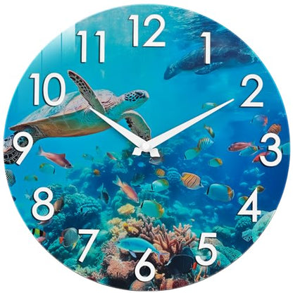 Crosstime 12 Inch Outdoor Clock – Waterproof Tempered Glass with Sea Turtle & Marine Life Theme, UV Resistant, Silent Nautical Coastal Decor Wall Clock for Patio, Pool, Garden, Backyard, Bathroom
