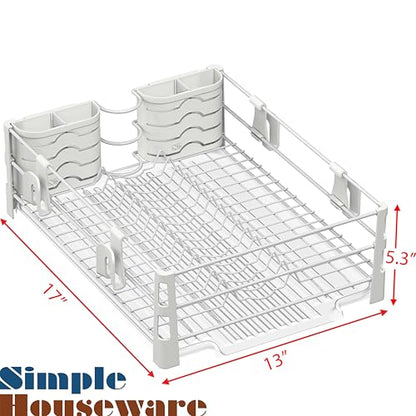 Simple Houseware Dish Drying Rack, White | with Drainboard, Utensil Holder and Mug Hooks