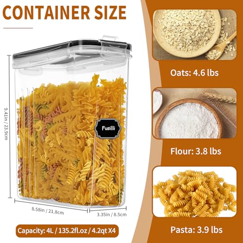Cereal Containers Storage Set (4L / 135.2oz), 4PCS Airtight Food Storage Containers with Lids, Cereal Dispensers for Kitchen Pantry Organization and Storage with Pour Spout, 20 Labels, Marker