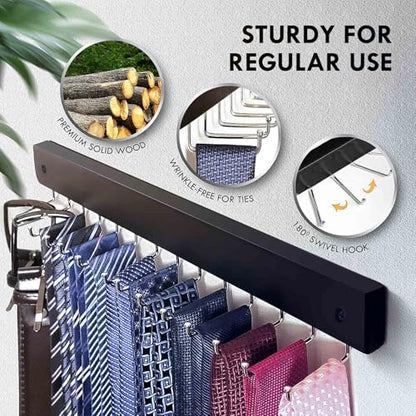 2-Pack Tie Rack Wall Mounted, Belt Hanger, Tie Organizer for Closet | Wooden Tie and Belt Organizer, 28 Folding Hooks, Space Saving Tie Holder, Durable Belt Rack for Closet Wall Mount, Black