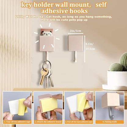 4Pcs Cute Self Adhesive Wall Hooks for Coat,Towel,Key,Scarf, Hat | Heavy Duty Wall Hooks for Hanging,Waterproof,Kawaii Room Decorative Cat Hook for Bathroom,Bedroom,Tiles, Glass Door or Mirror