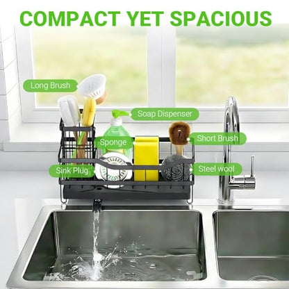 Sponge Holder for Kitchen Sink, Self-Draining Sink Caddy Organizer with Removable Brush Holder, Rustproof Metal Sponge Rack for Countertop, Fits Soap Dispenser & Scrubber, Black