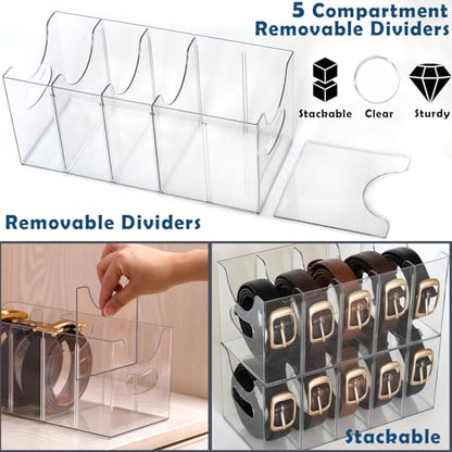 Belt Organizer - 2 Pack Clear Stackable Belt holder For Closet Drawer Storage - 5 Compartments with Removable Dividers, Multi-Purpose Display Bins With Inserts For Ties,Socks,underwear (2)