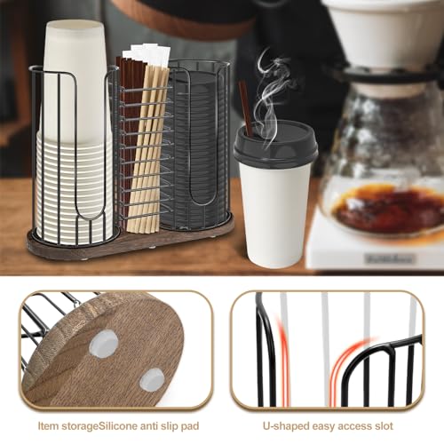 3-Compartment 18oz Coffee Cup Dispenser Rack with Wood Base, Disposable Cup, and Lid Organizer for Countertop - Perfect for Paper Cups, Straws, and Kitchen Cabinet Storage
