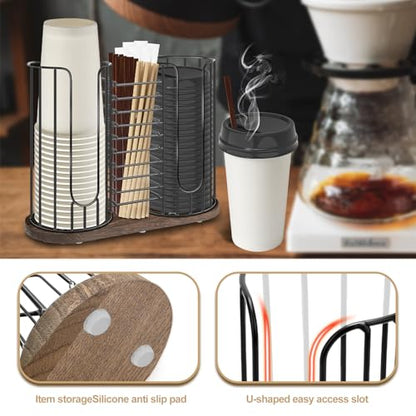 3-Compartment 18oz Coffee Cup Dispenser Rack with Wood Base, Disposable Cup, and Lid Organizer for Countertop - Perfect for Paper Cups, Straws, and Kitchen Cabinet Storage