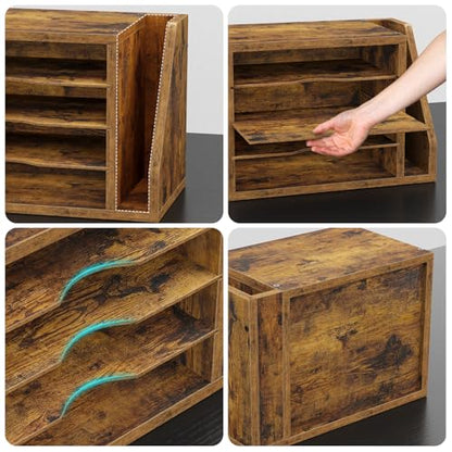 Wooden Mail Organizer, Desk Organizer with 3 Adjustable Shelves | Mail Sorter, File Organizer Desktop, Mail Holder for Home Office, Letter Sorter for Envelopes, Bills, Magazines, Rustic Brown