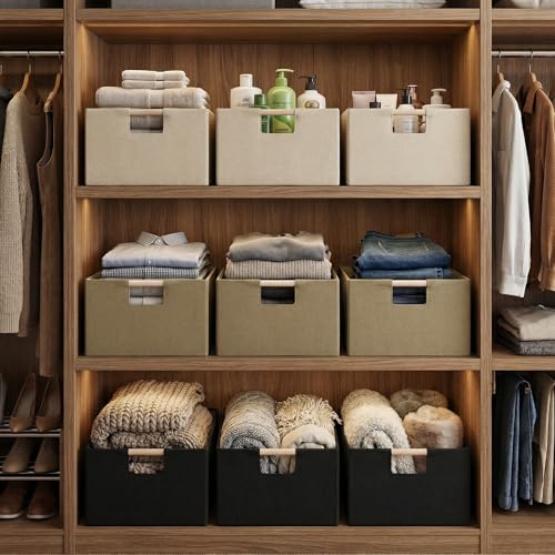 Foldable Fabric Storage Basket for Shelves, Linen Decorative Storage Bin with Wooden Handles, Small Organizer Cube for Closet, Rectangle Canvas Box for Organizing, Decor, 15x10.6x6 Inches (Blcak)
