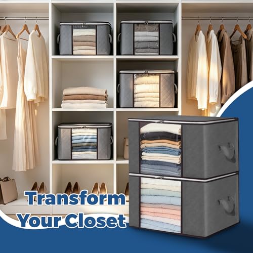 8 Pack Clothes and Blanket Storage Bags for Closet | Reinforced Handle, Large Capacity, Clear Window, for Sweater, Comforter, Bedding