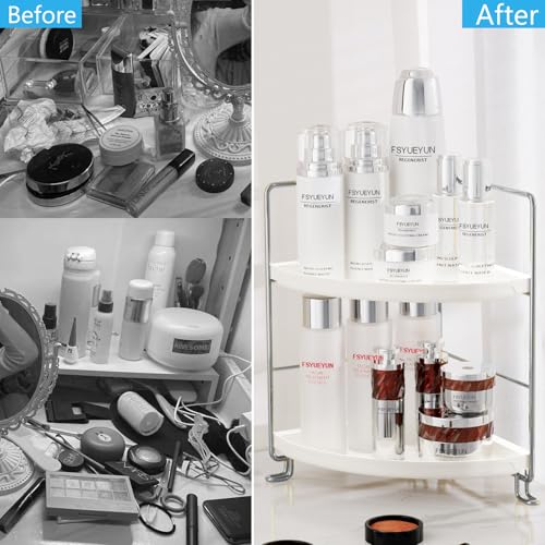 FSyueyun 2-Tier Corner Bathroom Counter Organizer, Vanity Tray, Silver | Plastic Bathroom Organizer Countertop for Skincare, Perfume, Makeup, Tool-Free Assembly, Small Bathroom Corner Tray Shelf